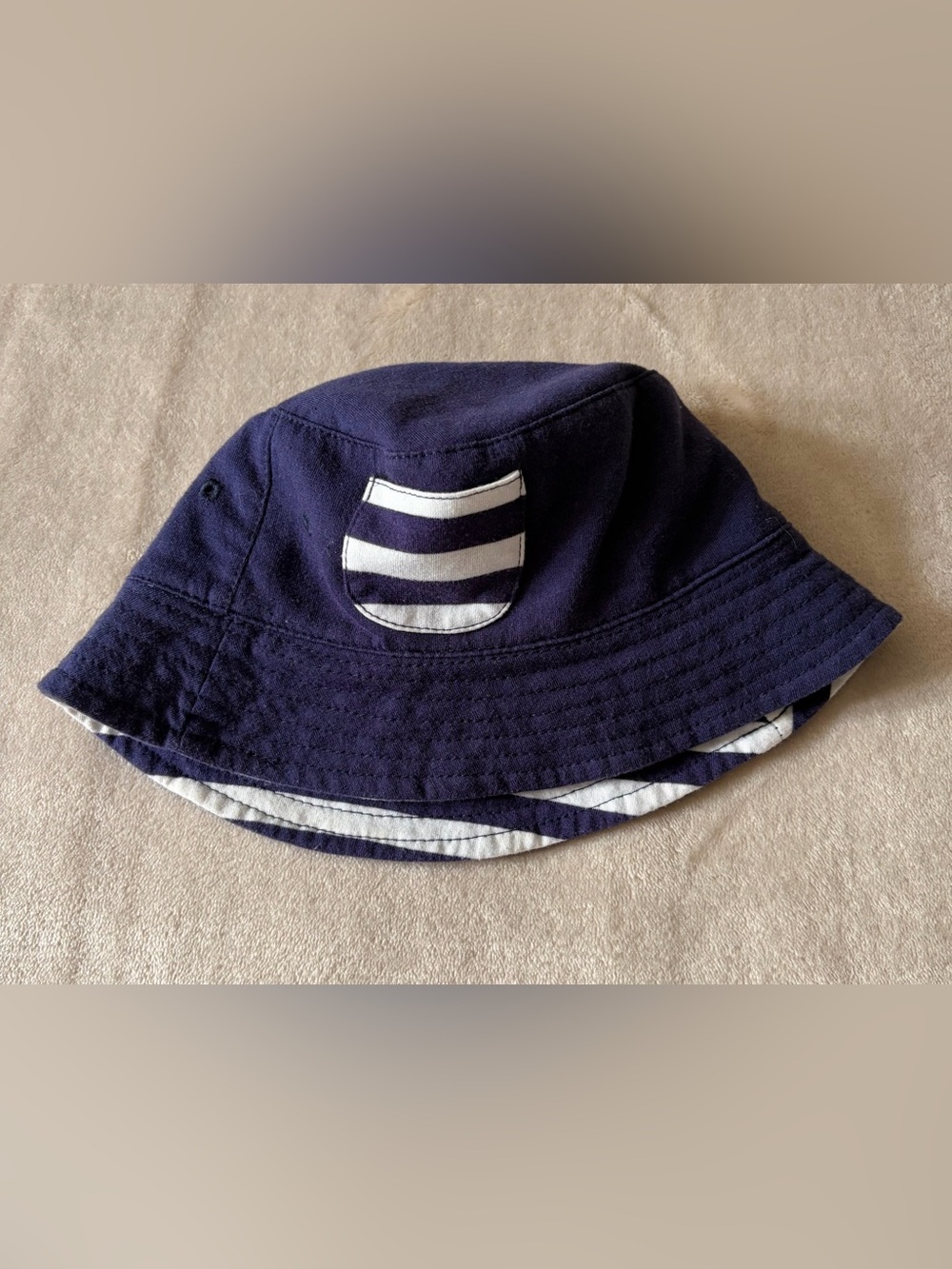 Baby Gap 12-24M Toddler Hat - Navy White Reversible Striped Bucket Hat W/ Pocket
